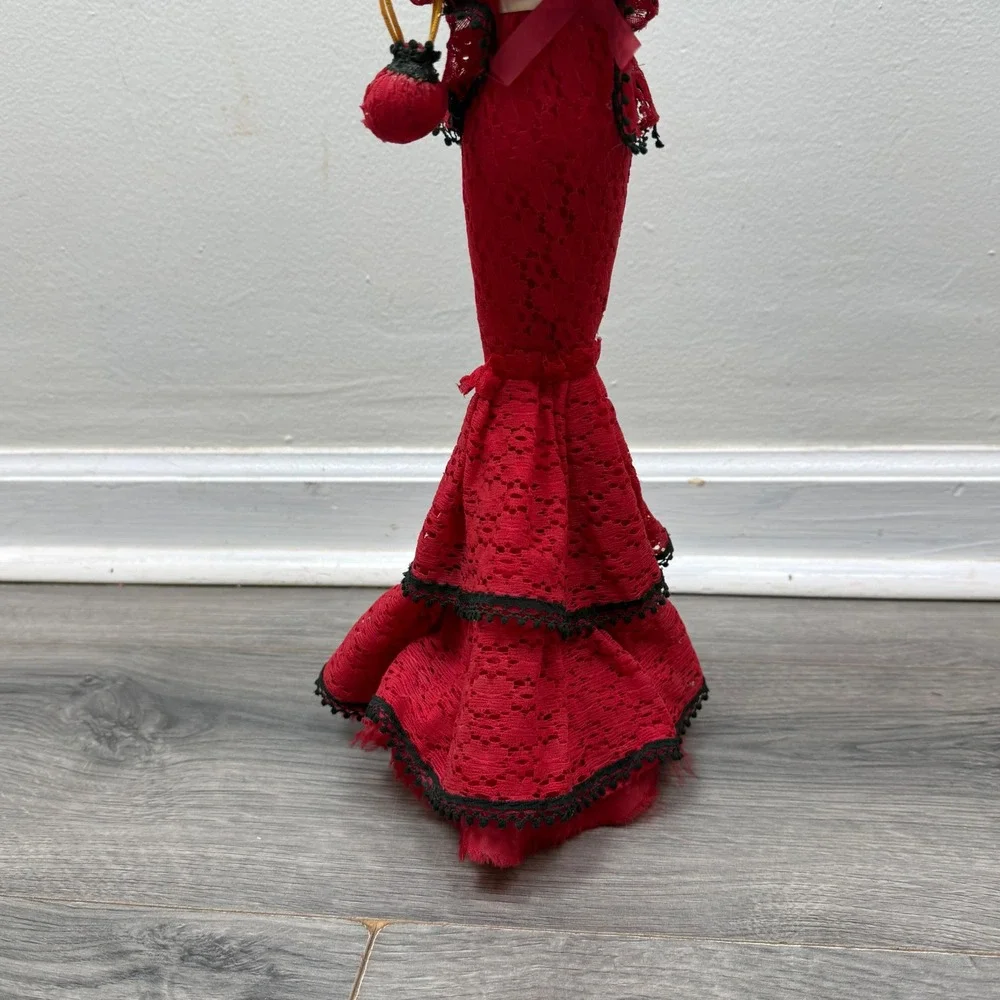Vintage 1970s Korean Bradley Big Eye Boudoir Doll Red Lace Dress Musical